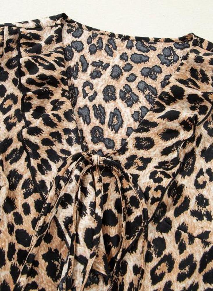 Dear-Lover® Ladies' S/S Leopard Ruffle Neck Blouse Product Image
