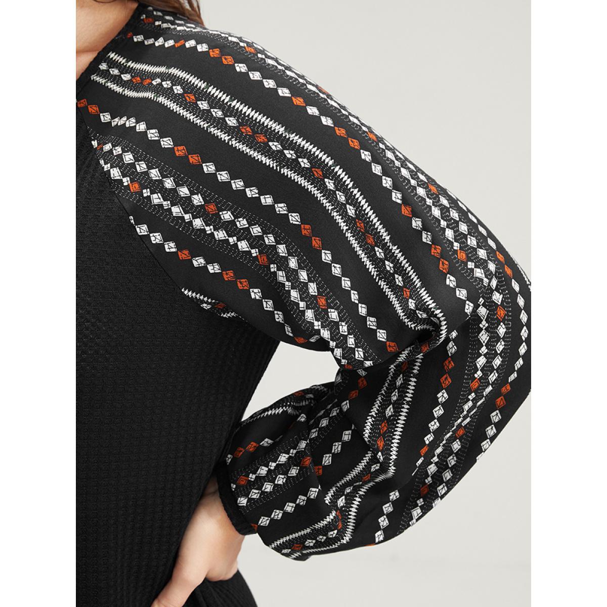 Plus Size Solid Patchwork Striped Lantern Sleeve Waffle Knit Wrap Sweatshirt Women Black Elegant Patchwork V-neck Dailywear Sweatshirts BloomChic 12/L Product Image