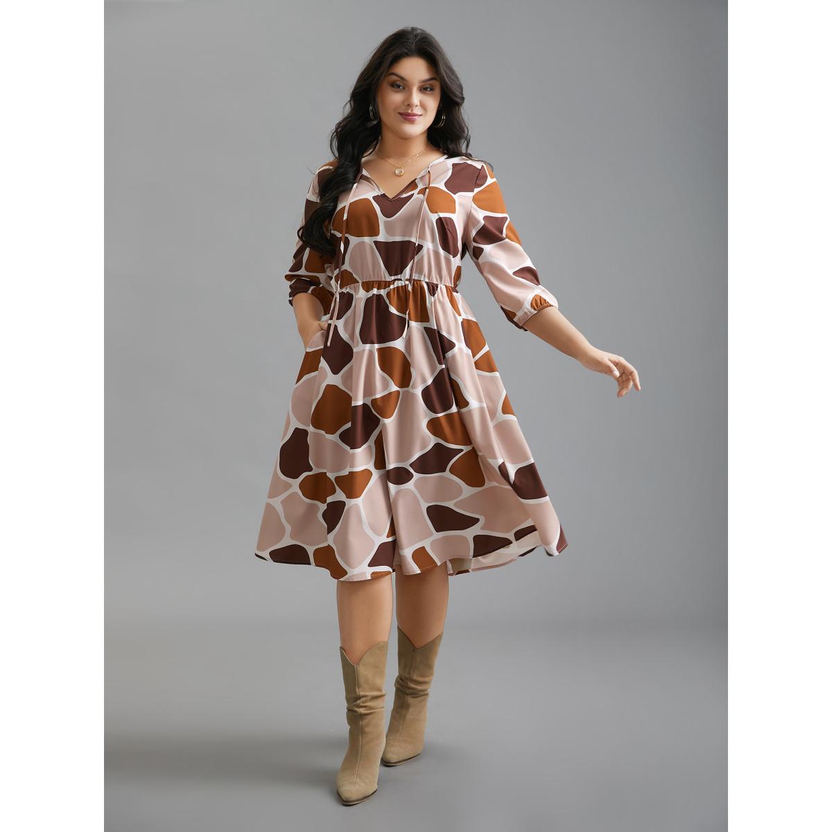 Plus Size Neck-Tie Color Block Waist Cinched Dress Multicolor Women Casual Tie knot V-neck Elbow-length sleeve Curvy BloomChic 10/M Product Image