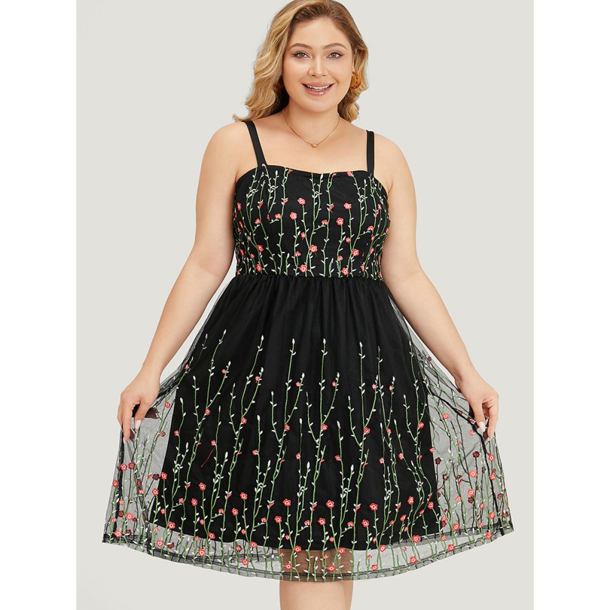 Plus Size Floral Embroidered Mesh Ruffle Hem Pocket Cami Dress Black Women Glamour Adjustable Straps Spaghetti Strap Sleeveless Curvy Knee Dress BloomChic 10/M Product Image