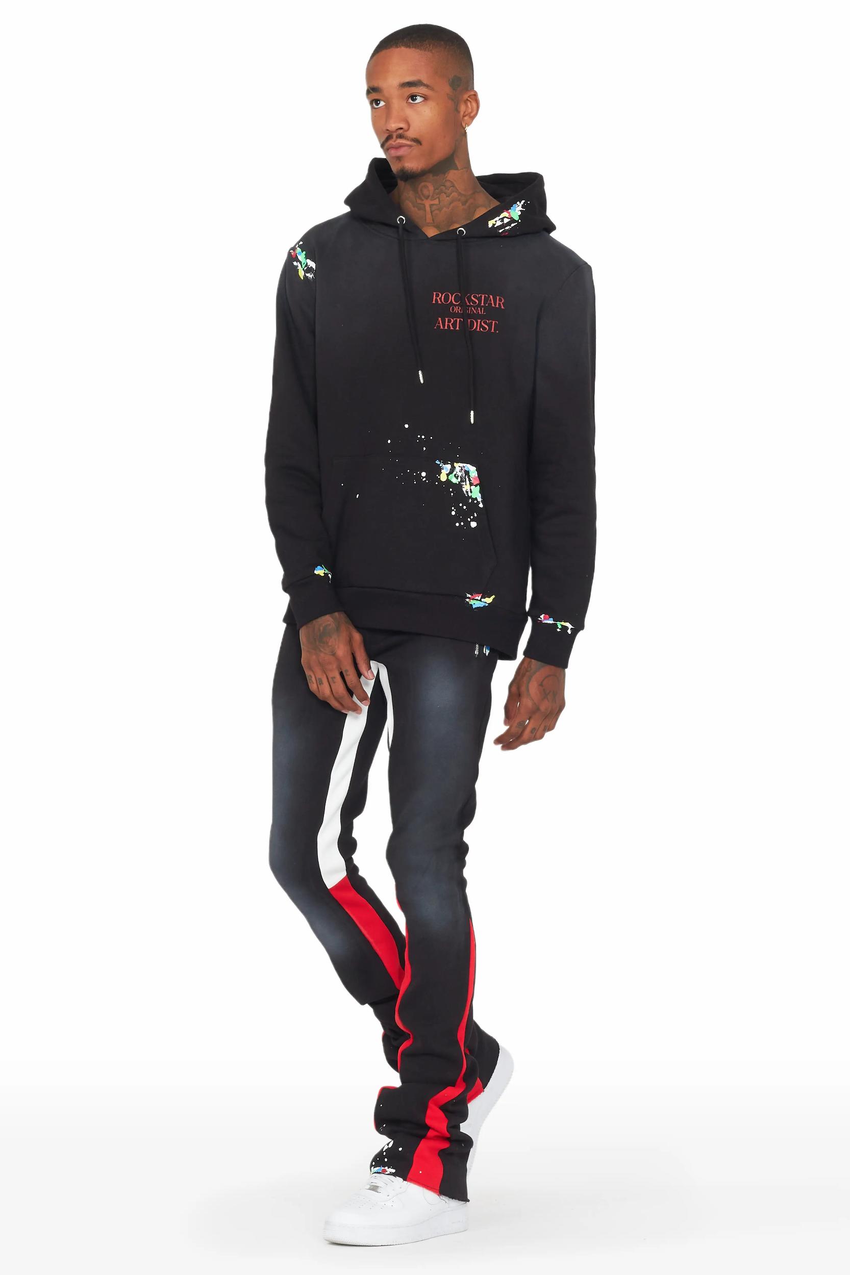 Rockstar Art Dist. Black/Red Hoodie/Stacked Flare Pant Set Male Product Image