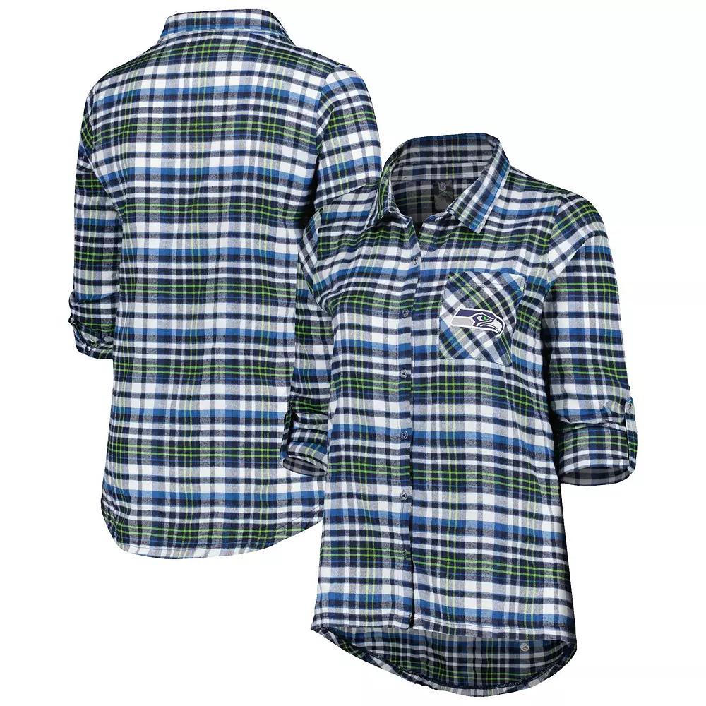 Women's Concepts Sport College Navy Seattle Seahawks Plus Size Mainstay Flannel Full-Button Long Sleeve Nightshirt, Size: 1XL, Blue Product Image
