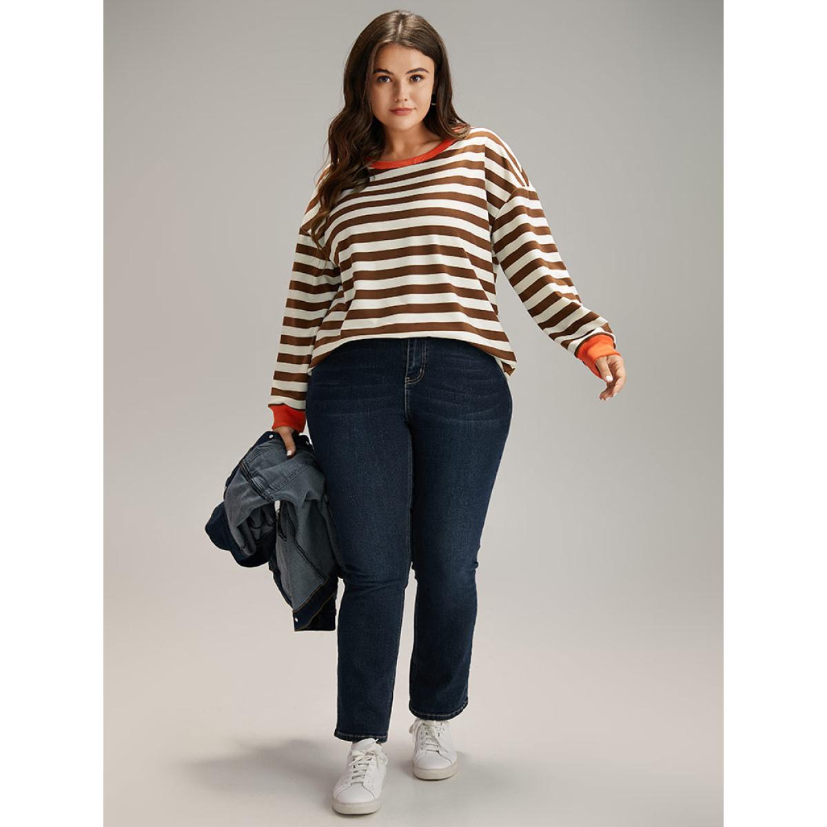 Plus Size Striped Contrast Elastic Cuffs Crew Neck Sweatshirt Women Maroon Casual Elastic cuffs Round Neck Dailywear Sweatshirts BloomChic 14-16/1X Product Image