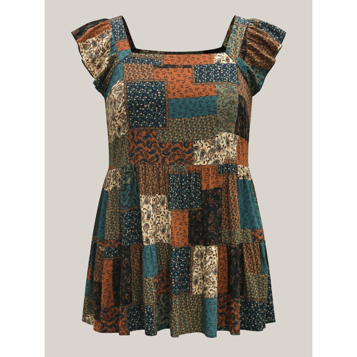 Plus Size Floral Collage Print Layered Tank Top Women Multicolor Boho Gathered Square Neck Vacation Tank Tops Camis BloomChic 22-24/3X Product Image