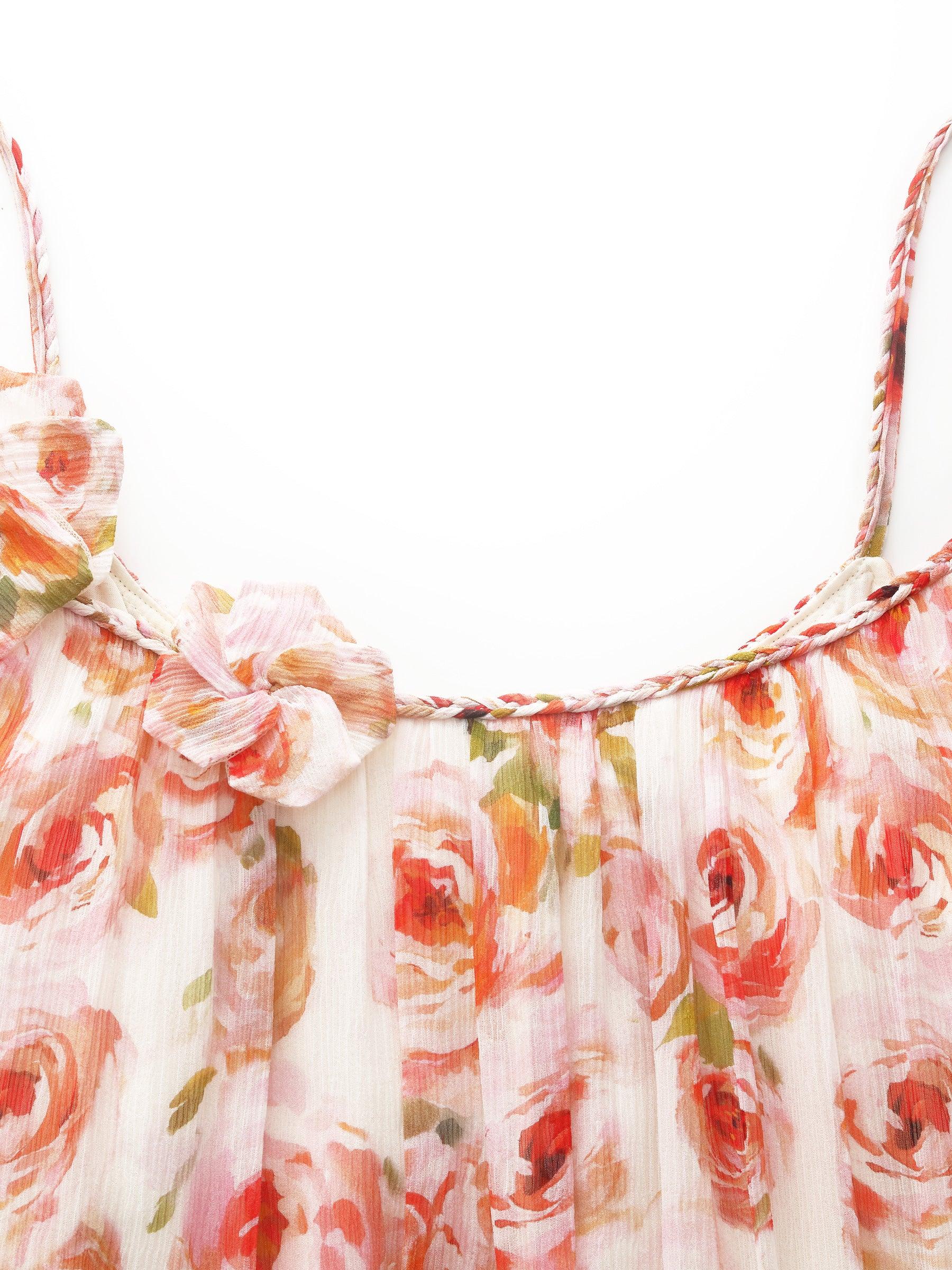 10MM Mulberry Silk Rose Print Women Strap Maxi Dress Product Image