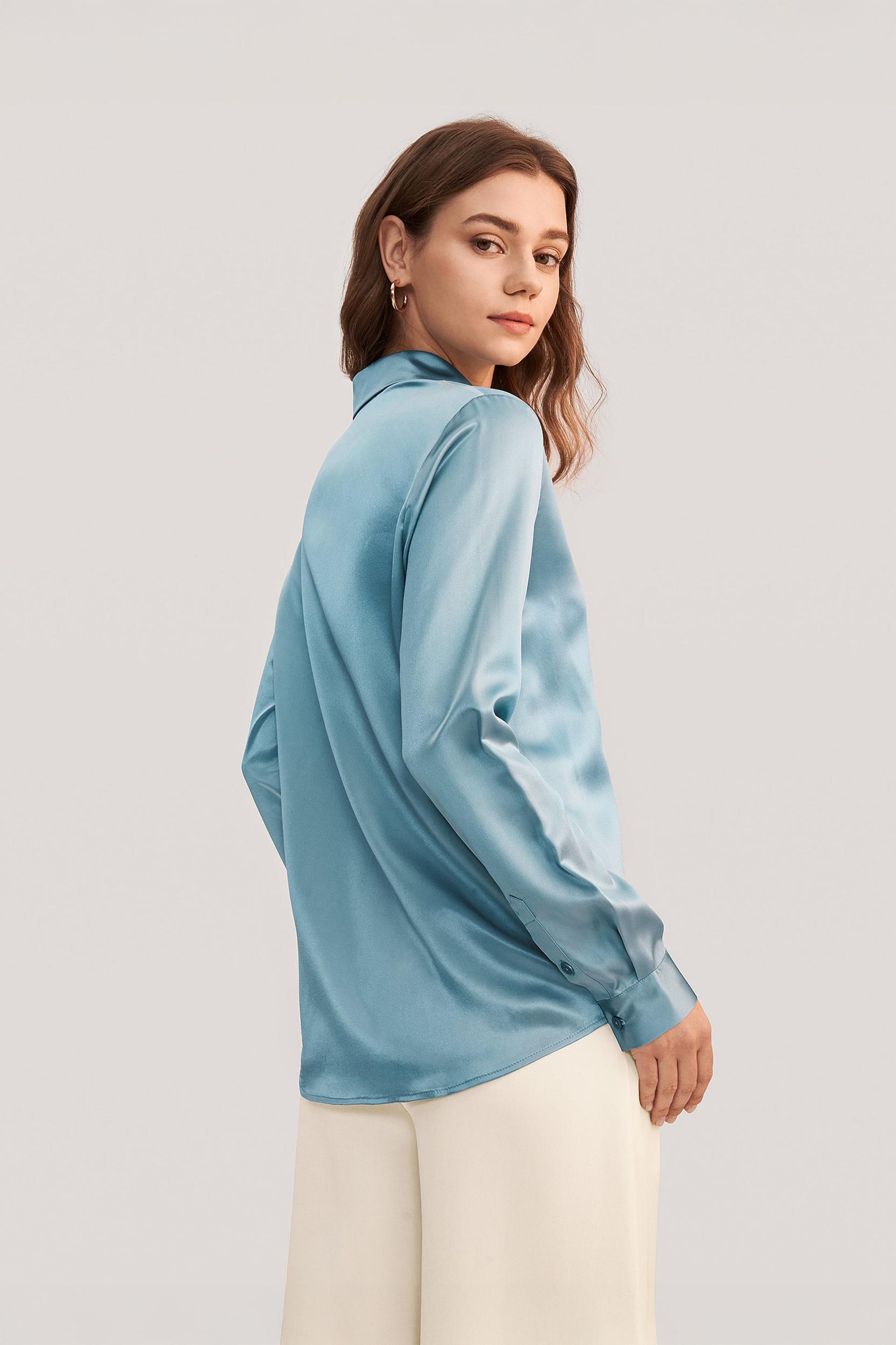 LILYSILK Silk Shirt Women - Dark Gray Mulberry Silk - Non-Toxic Dyes Concealed Mother-Of-Pearl Buttons Blouse Petite M Product Image