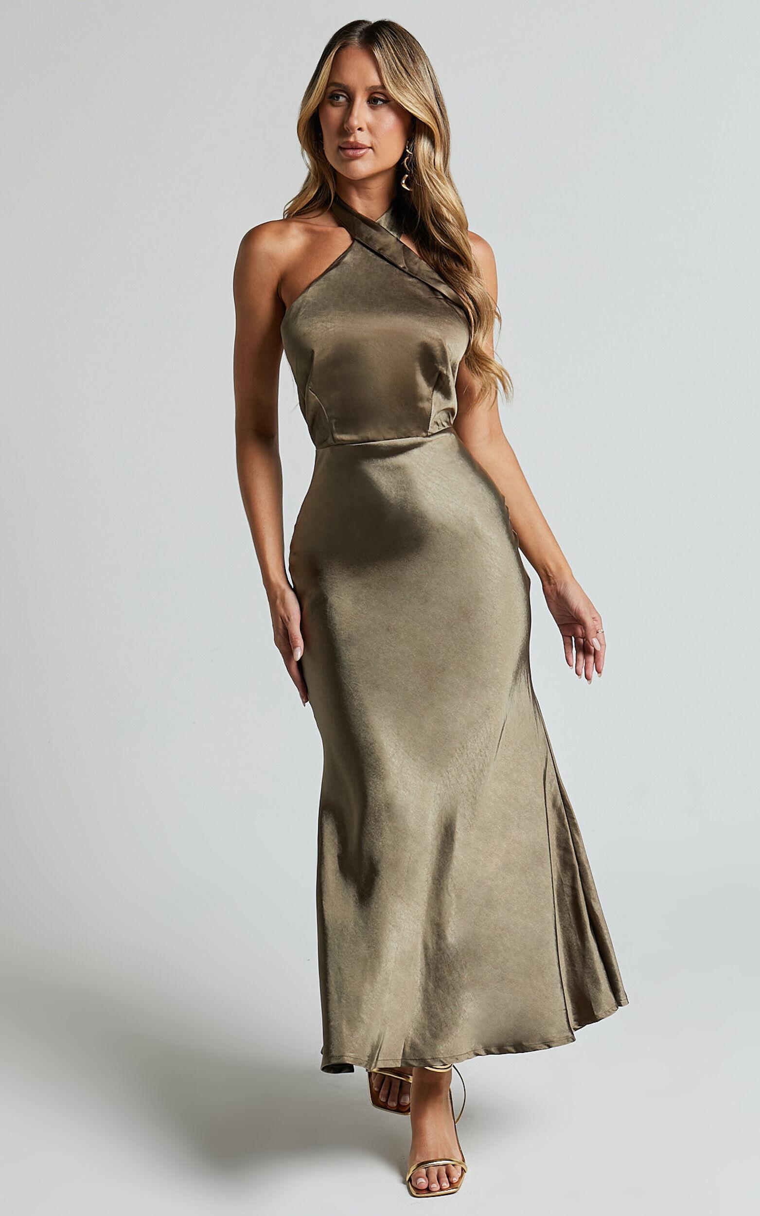 Rhianne Midi Dress - Twist Halter Neck Open Back Satin Dress in Olive Product Image