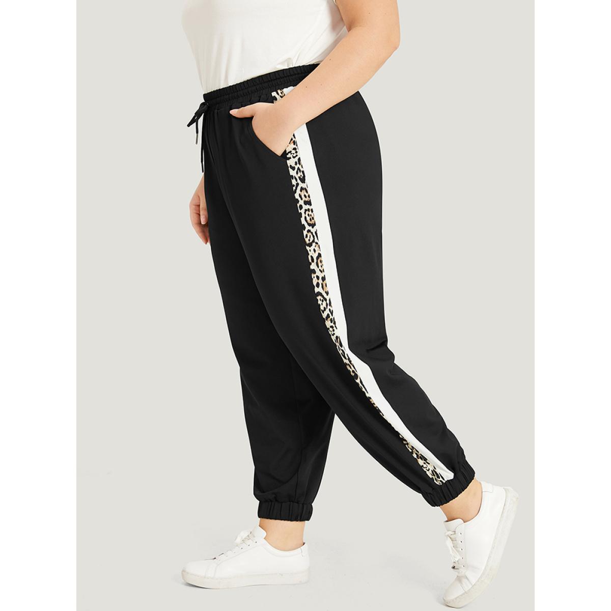 Patchwork Leopard Pocket Drawstring Elastic Waist Sweatpants Black Plus Size Women Casual Dailywear Patchwork 12/L Bloomchic Product Image