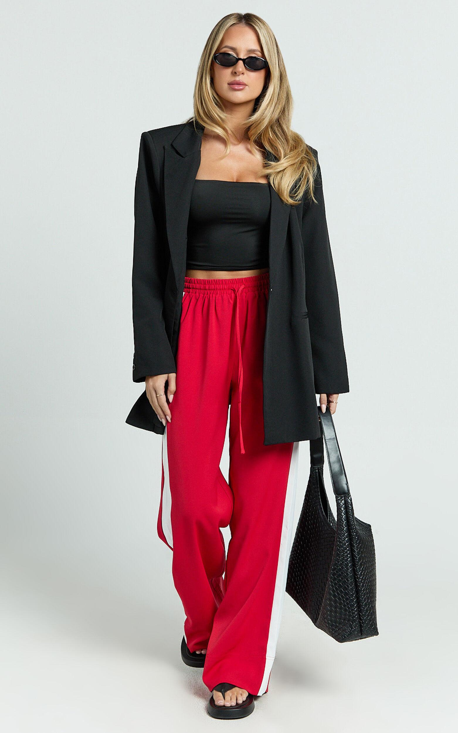 Davi Pants - Drawstring Waist Contrast Panel Tailored Pants in Red Product Image