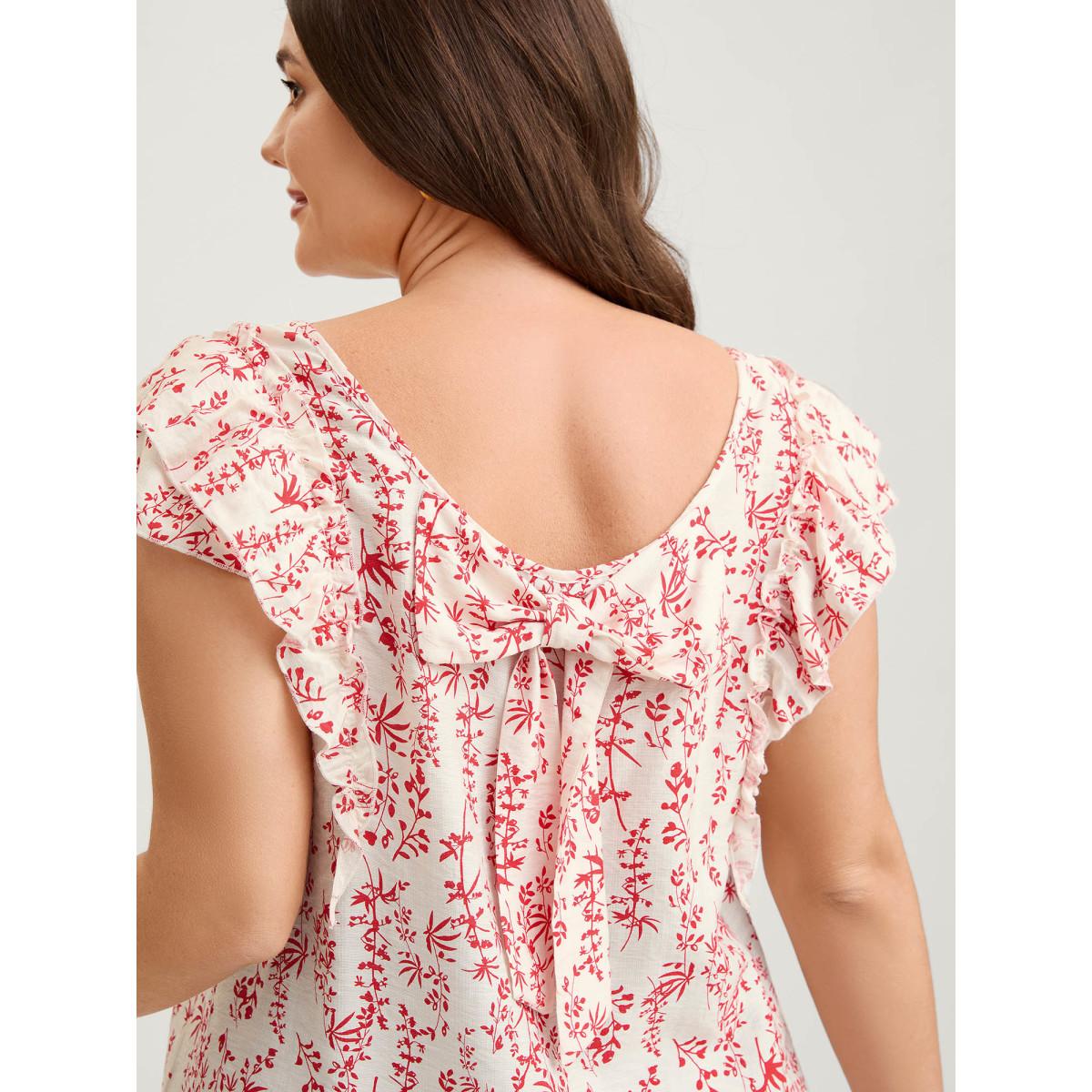 Plus Size Brightred Sweet Floral Bow Back Flutter Blouse Women Timeless Cap Sleeve Square Neck Elegant Blouses BloomChic 10/M Product Image