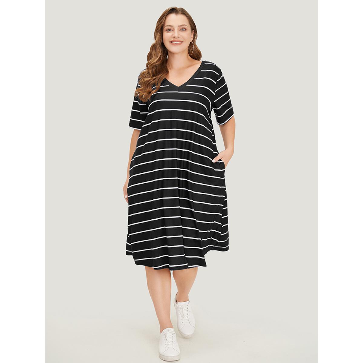 Plus Size Striped Print Pocket Flutter Crossover Back Dress Black Women Casual Cross straps V-neck Short sleeve Curvy Midi Dress BloomChic 30/6X Product Image