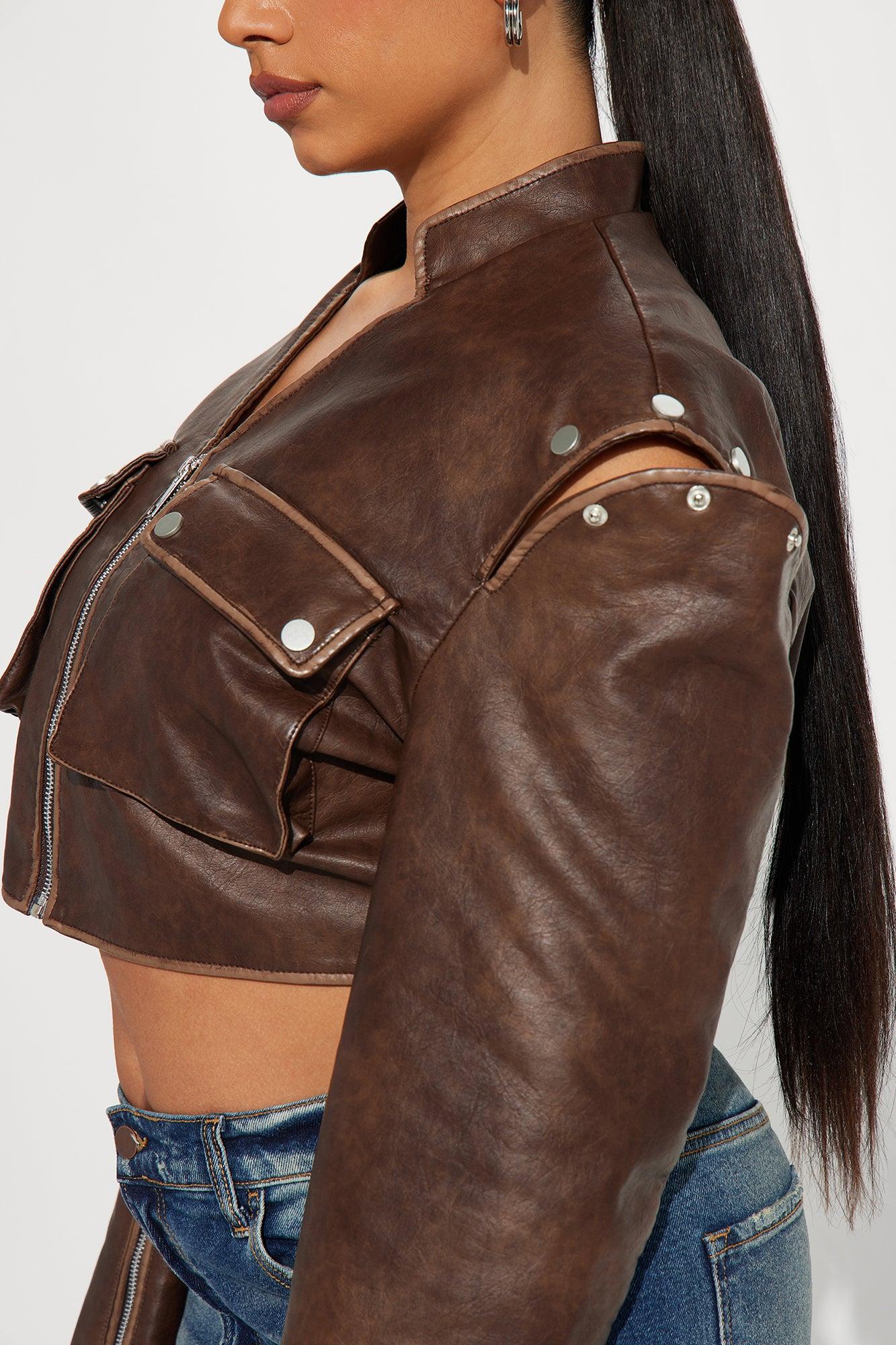 Brooklyn Faux Leather Fitted Jacket - Brown Product Image
