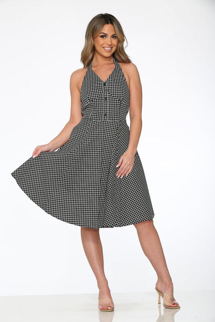 Black White Checkmate Halter Dress Product Image