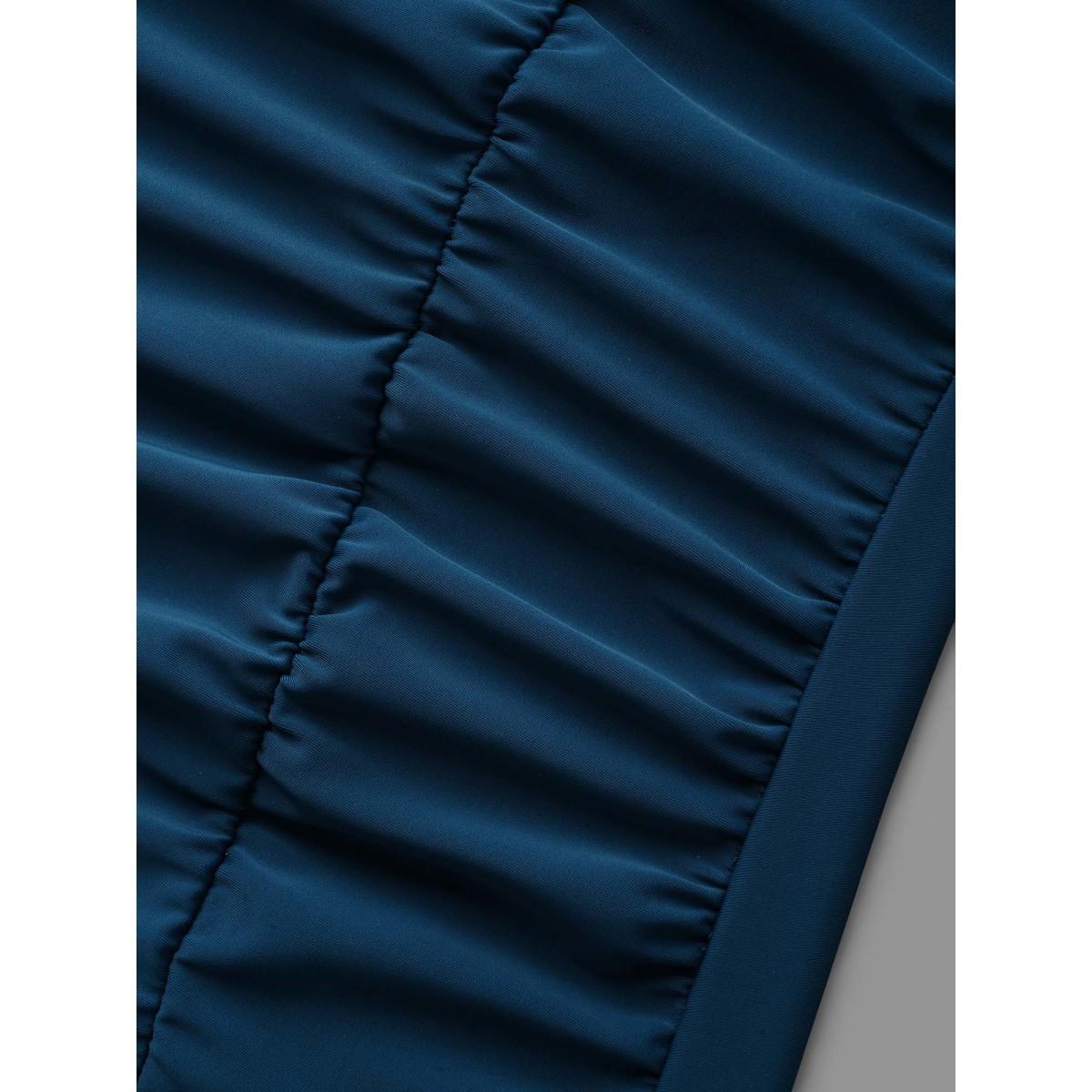 Plus Size Half Zipper Pleated Swim Top Women's Swimwear Aegean Beach Gathered High stretch Skinny U-neck Curve Swim Tops BloomChic 10/M Product Image