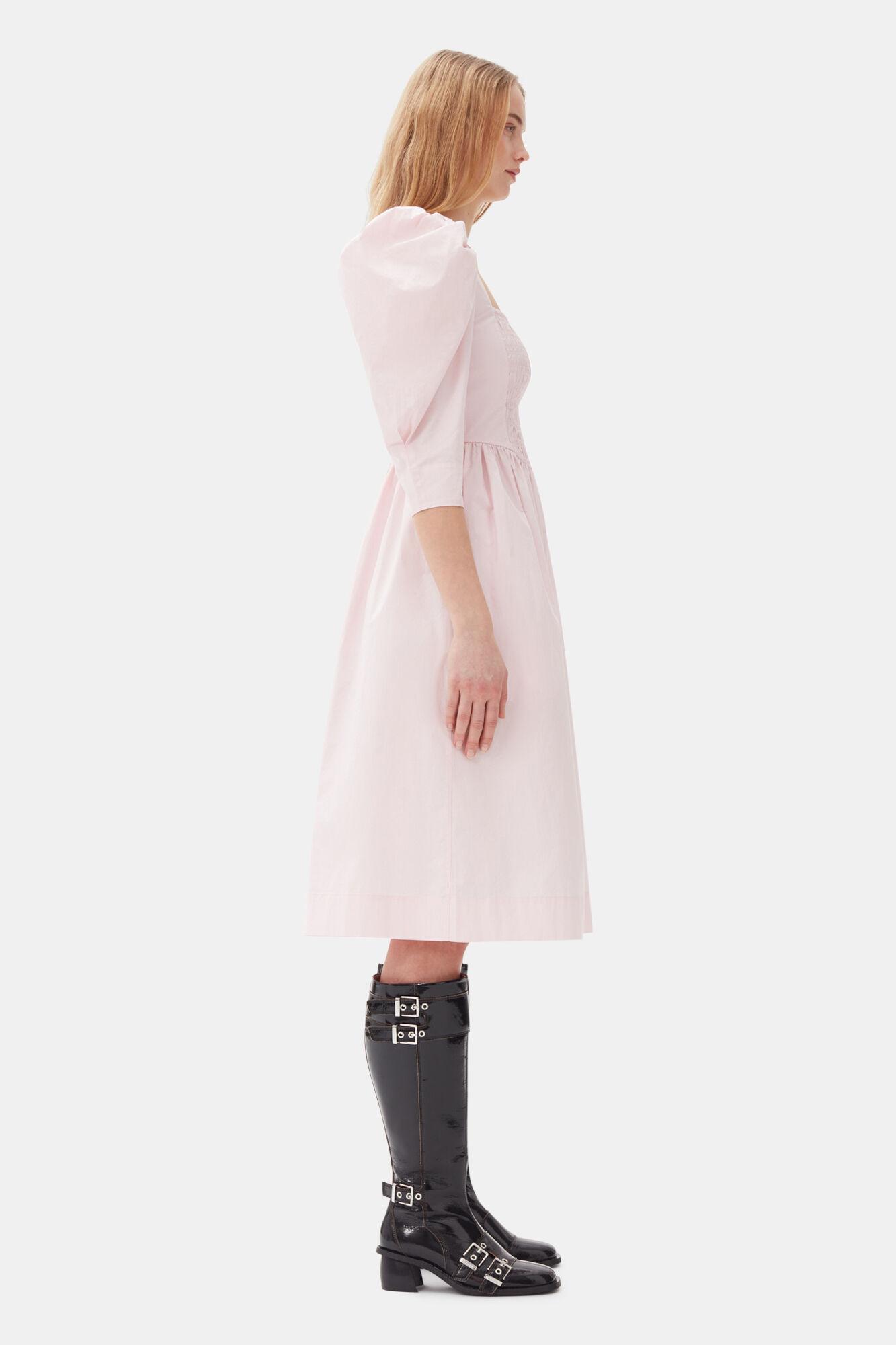 Pink Cotton Poplin Open Neck Smock Dress Product Image