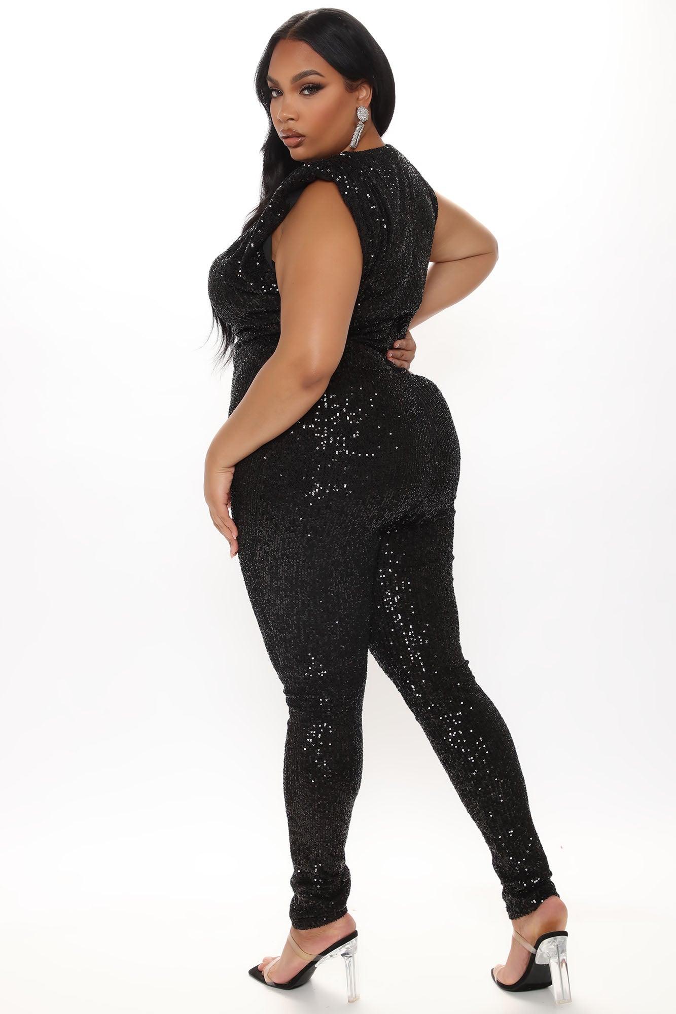 Sparkle And Snatched Shoulder Pad Jumpsuit - Black Product Image