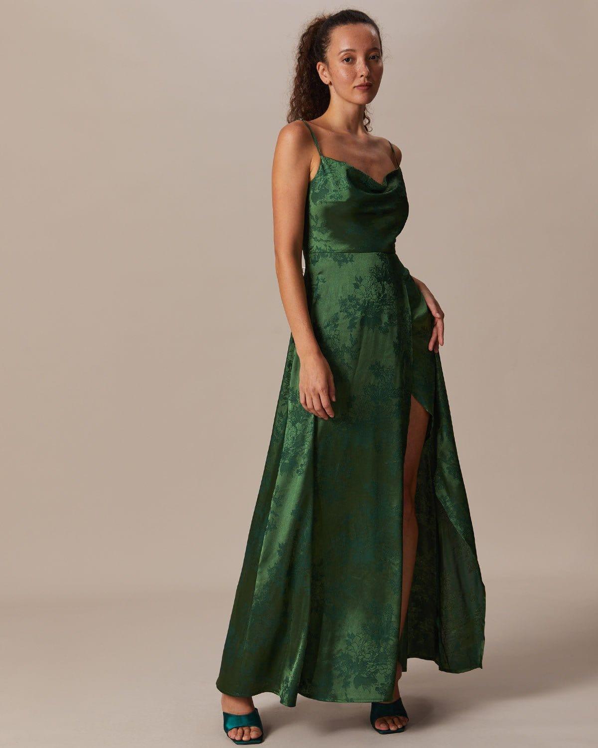 The Green Cowl Neck Jacquard Satin Maxi Dress Product Image