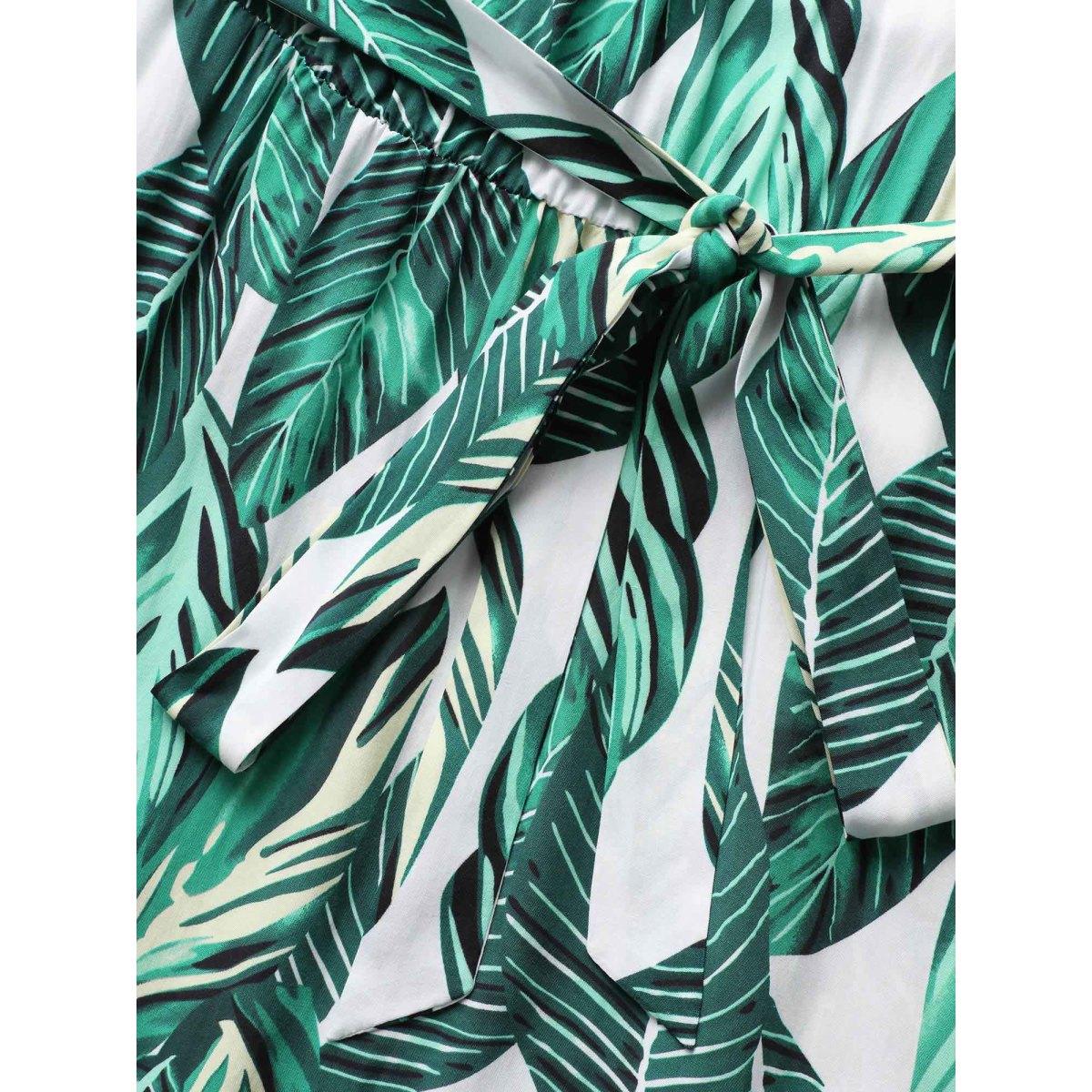 Plus Size Tropical Print Knotted Pocket Ruffles Belted Halter Dress Emerald Women Resort Non Halter neck Sleeveless Curvy Midi Dress BloomChic 18-20/2X Product Image