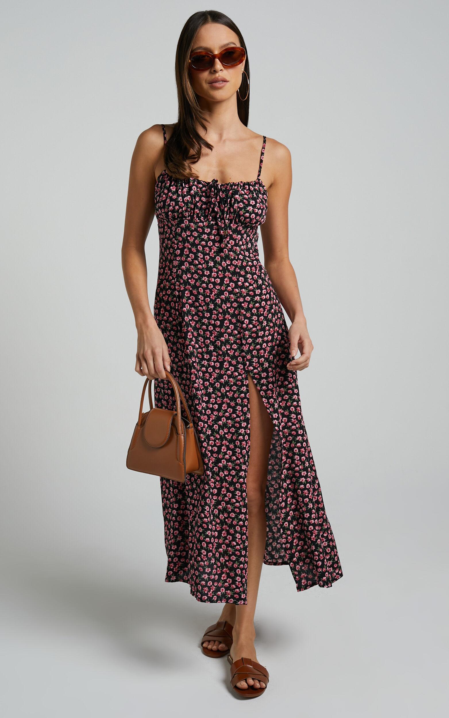 Willa Midi Dress - Ruched Bust Thigh Split Dress in Black Floral Product Image