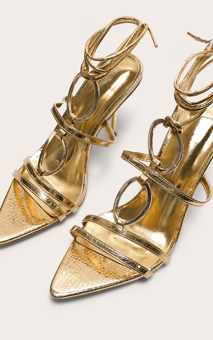 Gold Croc Pu Point Toe Ring Detail Lace Up Heeled Sandals Product Image