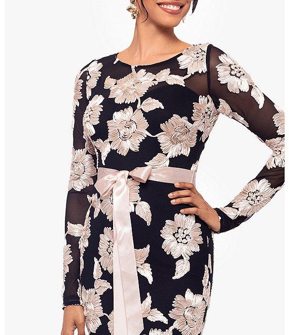 Betsy & Adam Petite Size Floral Embroidered Mesh Crew Neck Long Sleeve Tie Waist Gown Product Image