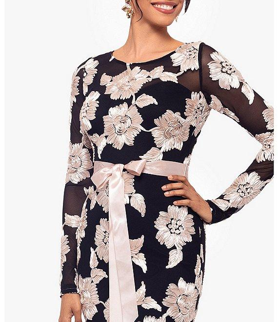 Betsy & Adam Petite Size Floral Embroidered Mesh Crew Neck Long Sleeve Tie Waist Gown Product Image