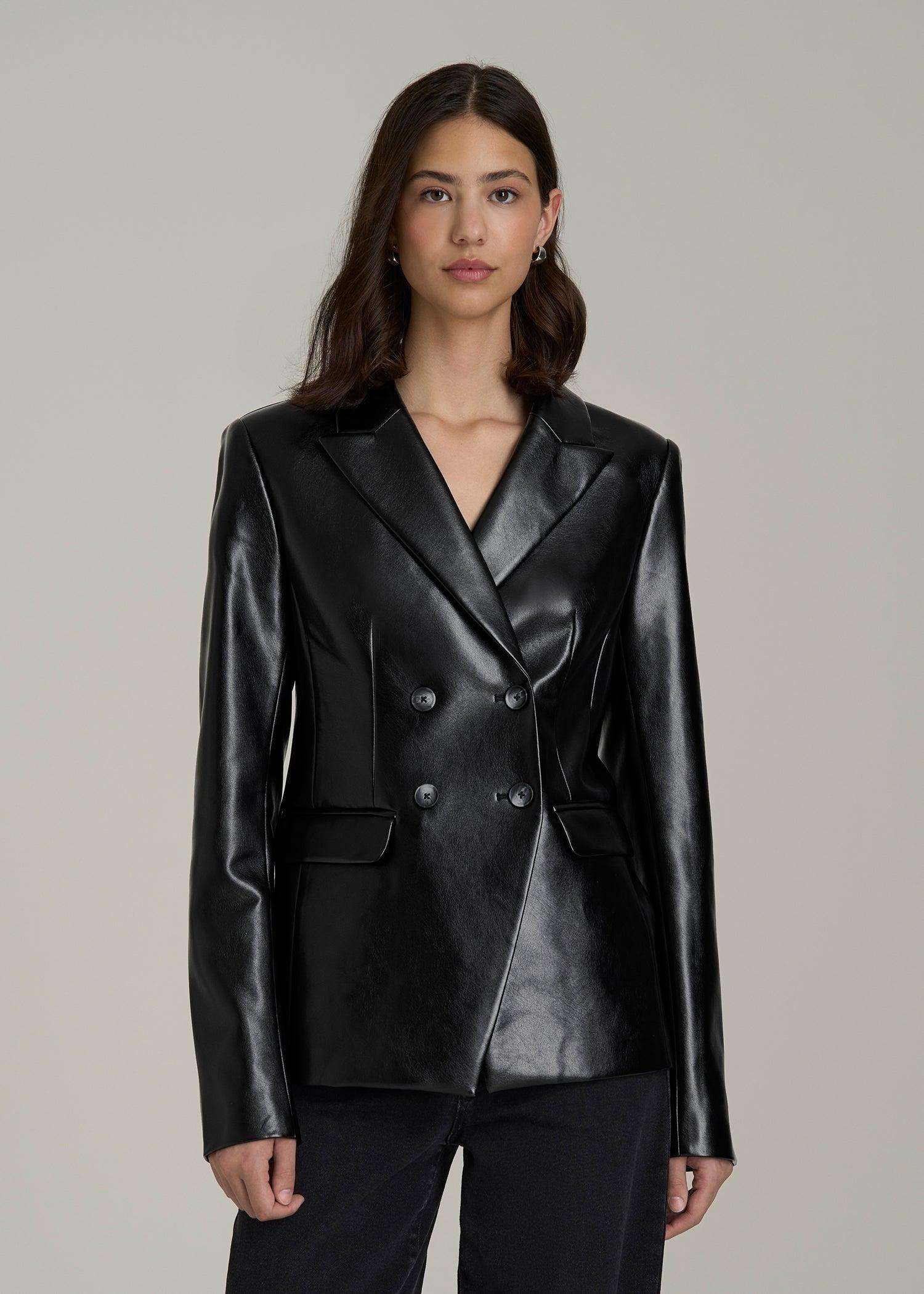 True Touch Leather Double Breasted Blazer for Tall Women in Black Female Product Image