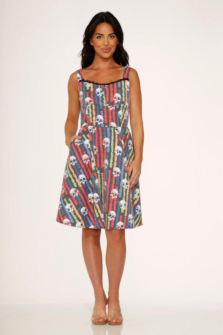 Black Skulls Rainbow Swing Dress Product Image