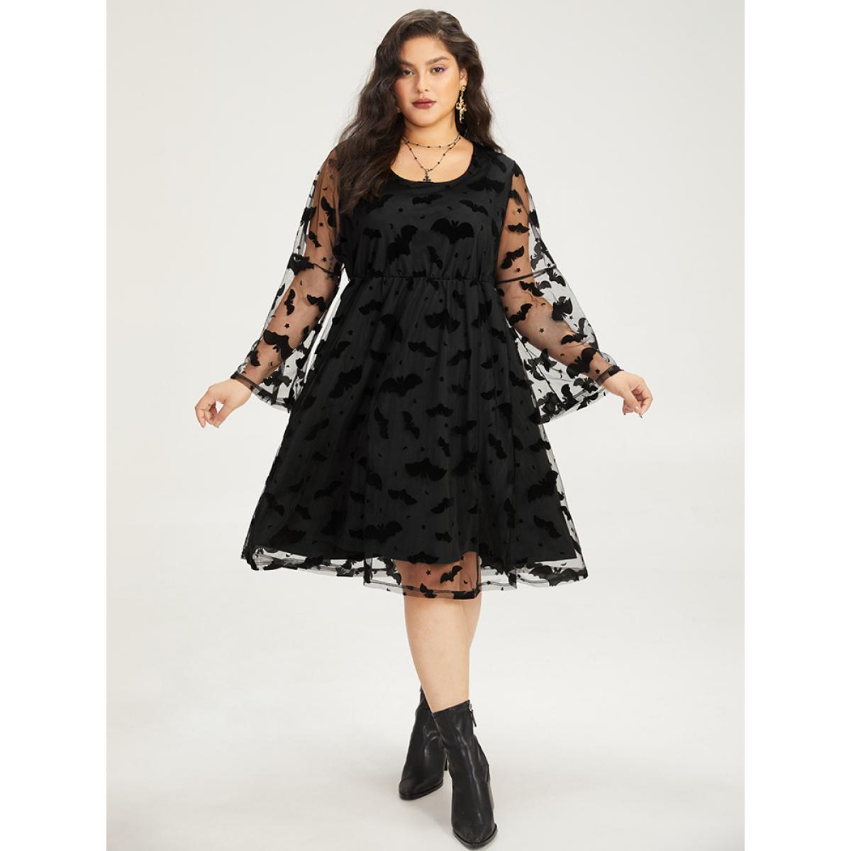 Plus Size Halloween Bat Print Mesh Long Sleeve Dress Black Women Elegant See through Round Neck Long Sleeve Curvy Midi Dress BloomChic 30/6X Product Image
