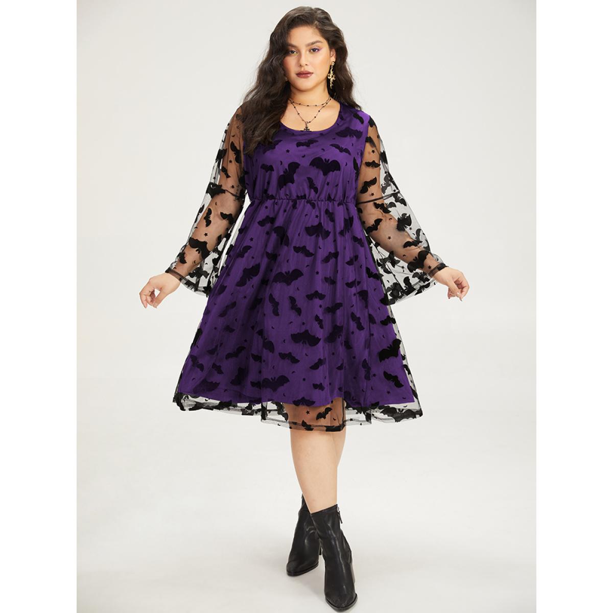 Plus Size Halloween Bat Print Mesh Long Sleeve Dress Purple Women Elegant See through Round Neck Long Sleeve Curvy Midi Dress BloomChic 12/L Product Image