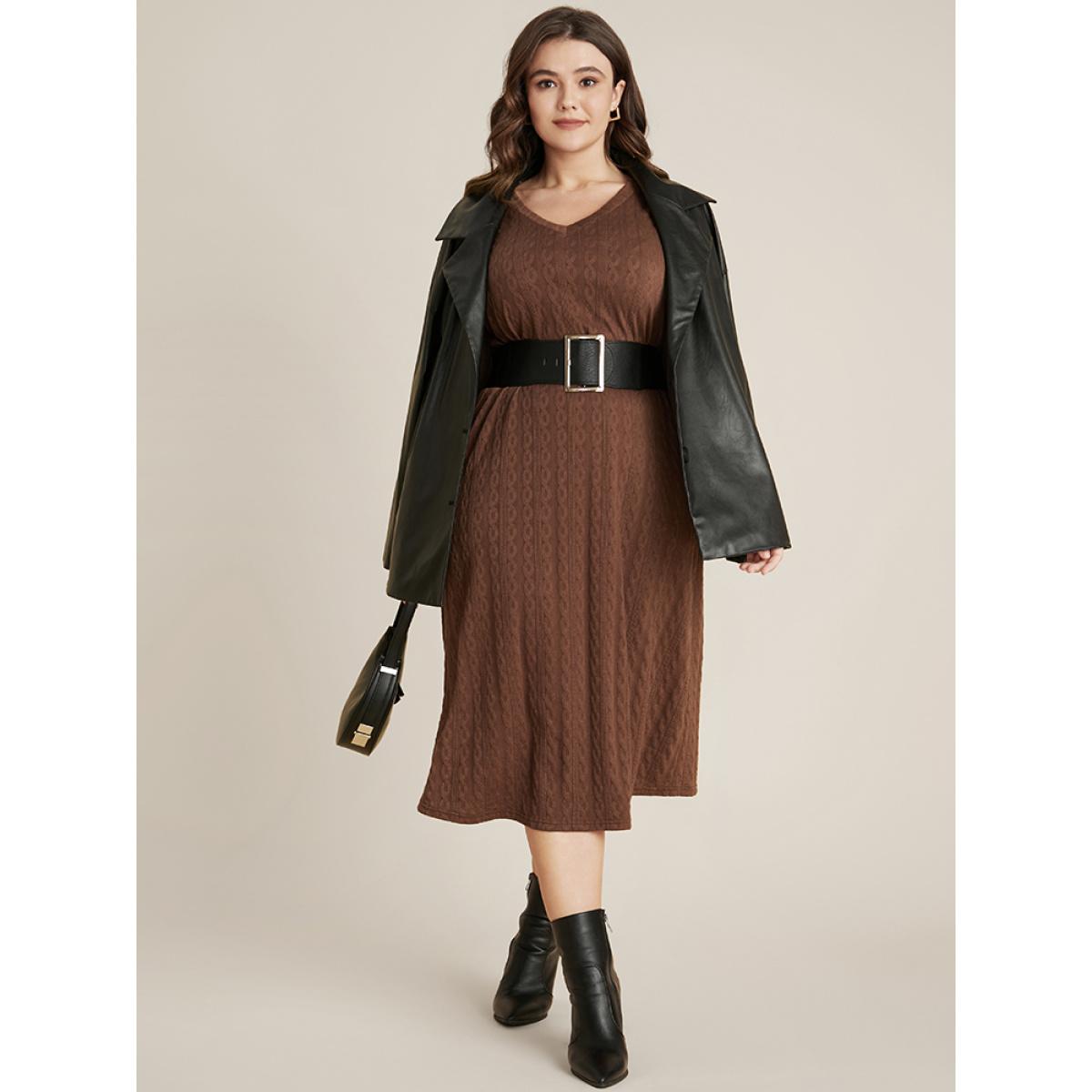 Plus Size Solid V Neck Cable Knit Pocket Textured Dress Without Belt Russet Women Elegant Pocket V-neck Long Sleeve Curvy Midi Dress BloomChic 30/6X Product Image