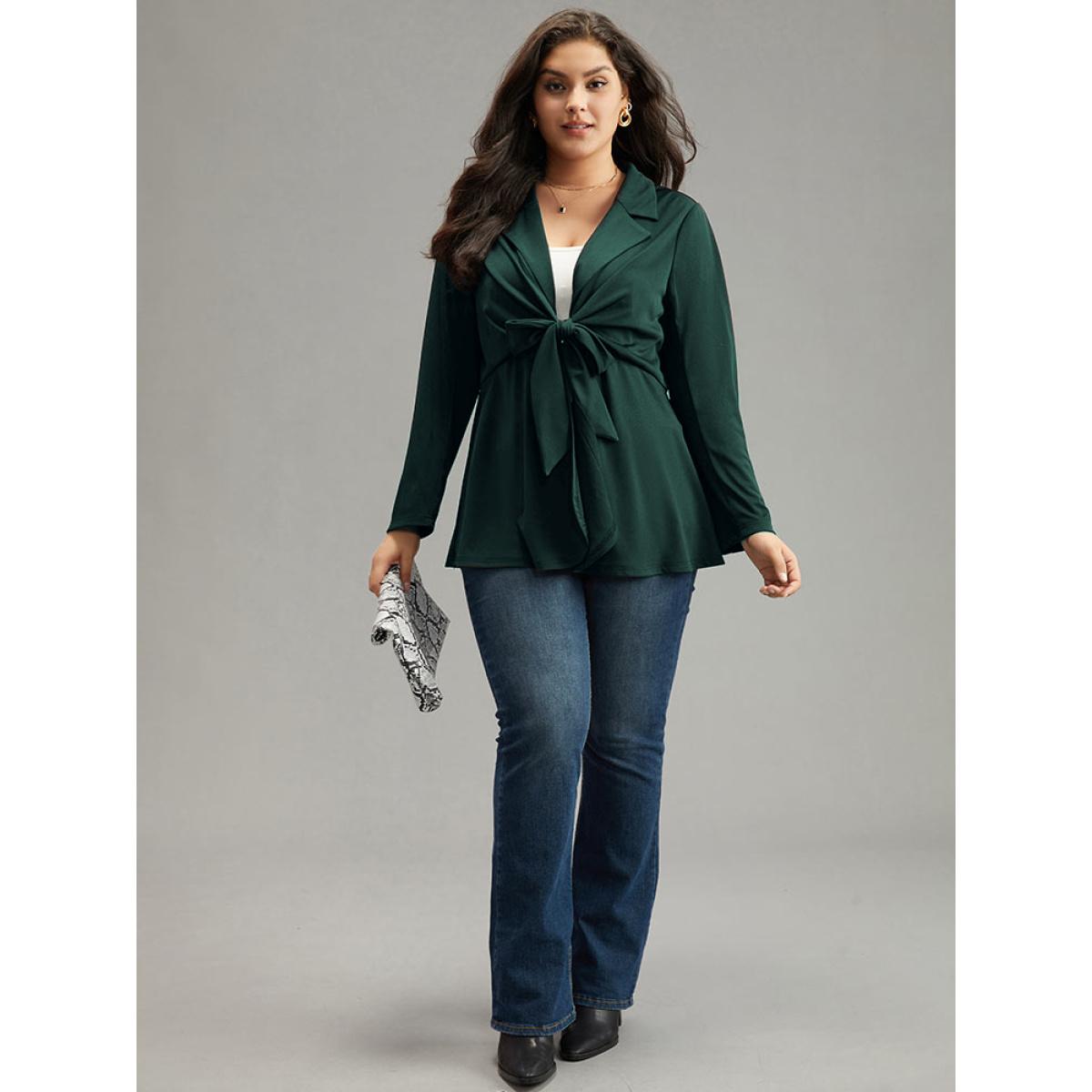 Plus Size Suit Collar Knot Ruffle Hem Blazer DarkGreen Women Work Plain Plain Sleeve Long Sleeve Suit Collar 12/L Work From Home Blazers BloomChic Product Image