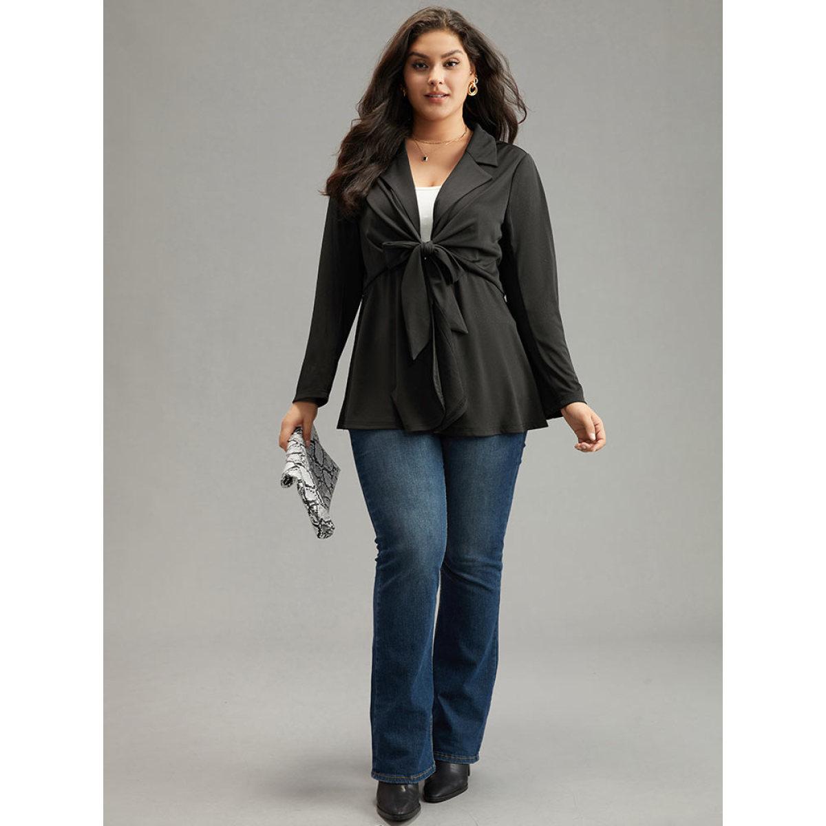 Plus Size Suit Collar Knot Ruffle Hem Blazer DarkGreen Women Work Plain Plain Sleeve Long Sleeve Suit Collar 12/L Work From Home Blazers BloomChic Product Image