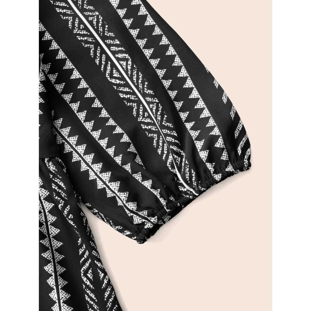 Plus Size Black Bandana Geometric Lantern Sleeve Gathered Blouse Women Boho Elbow-length sleeve V-neck Vacation Blouses BloomChic 30/6X Product Image