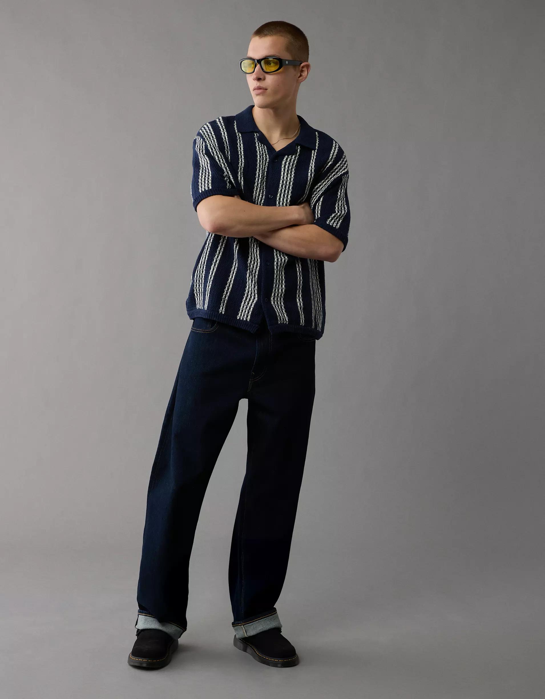 AE Weekend Striped Button-Up Sweater Polo Shirt Product Image