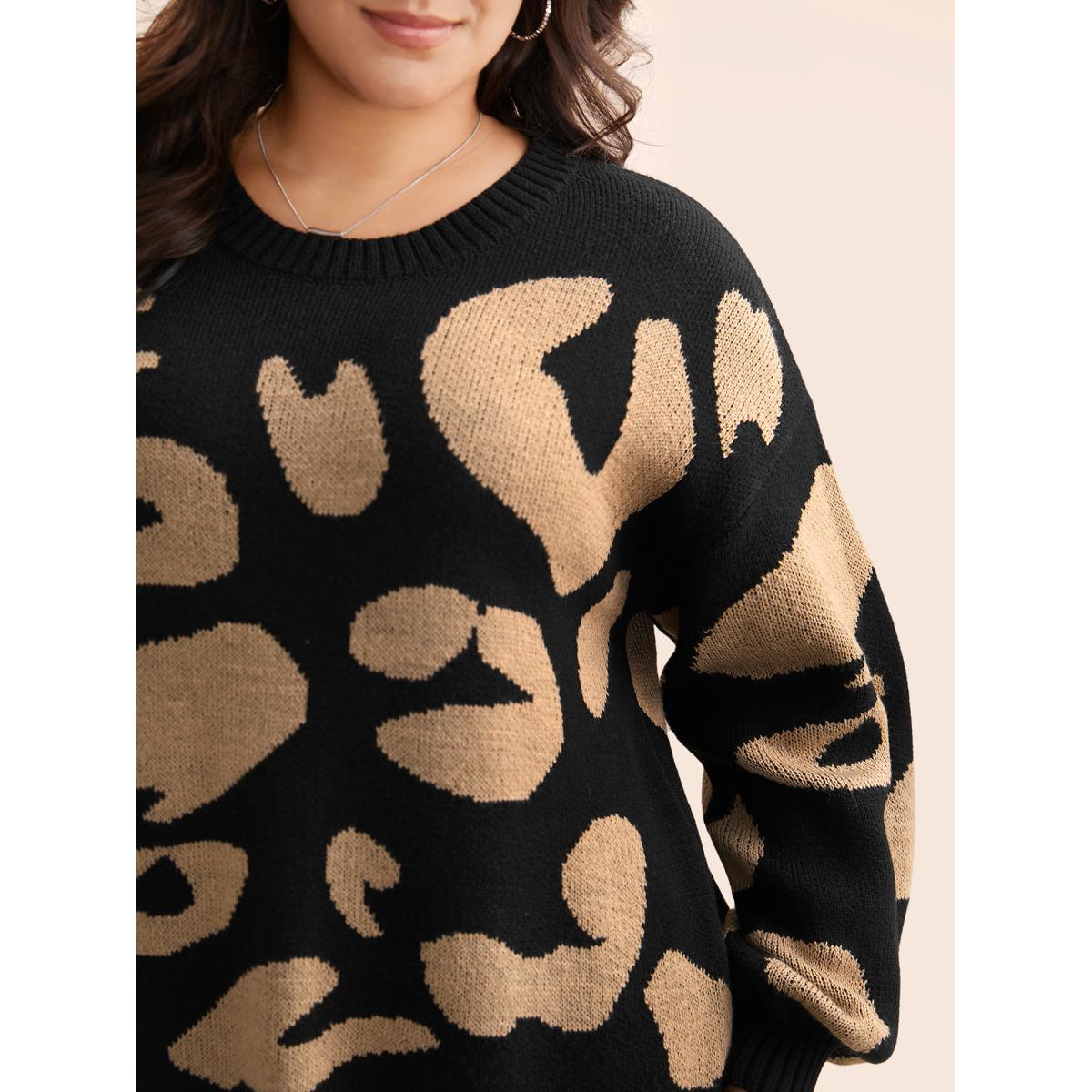 Plus Size Leopard Print Drop Shoulder Sleeve Pullover Black Women Leisure Loose Long Sleeve Round Neck Casual Pullovers BloomChic 22-24/3X Product Image