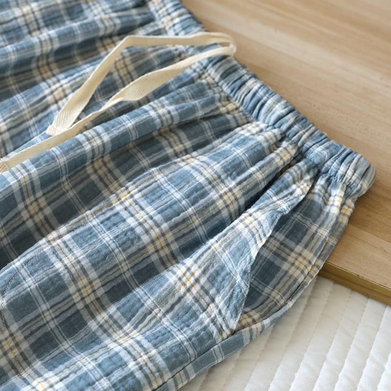 Drawstring Waist Plaid Lounge Shorts Product Image