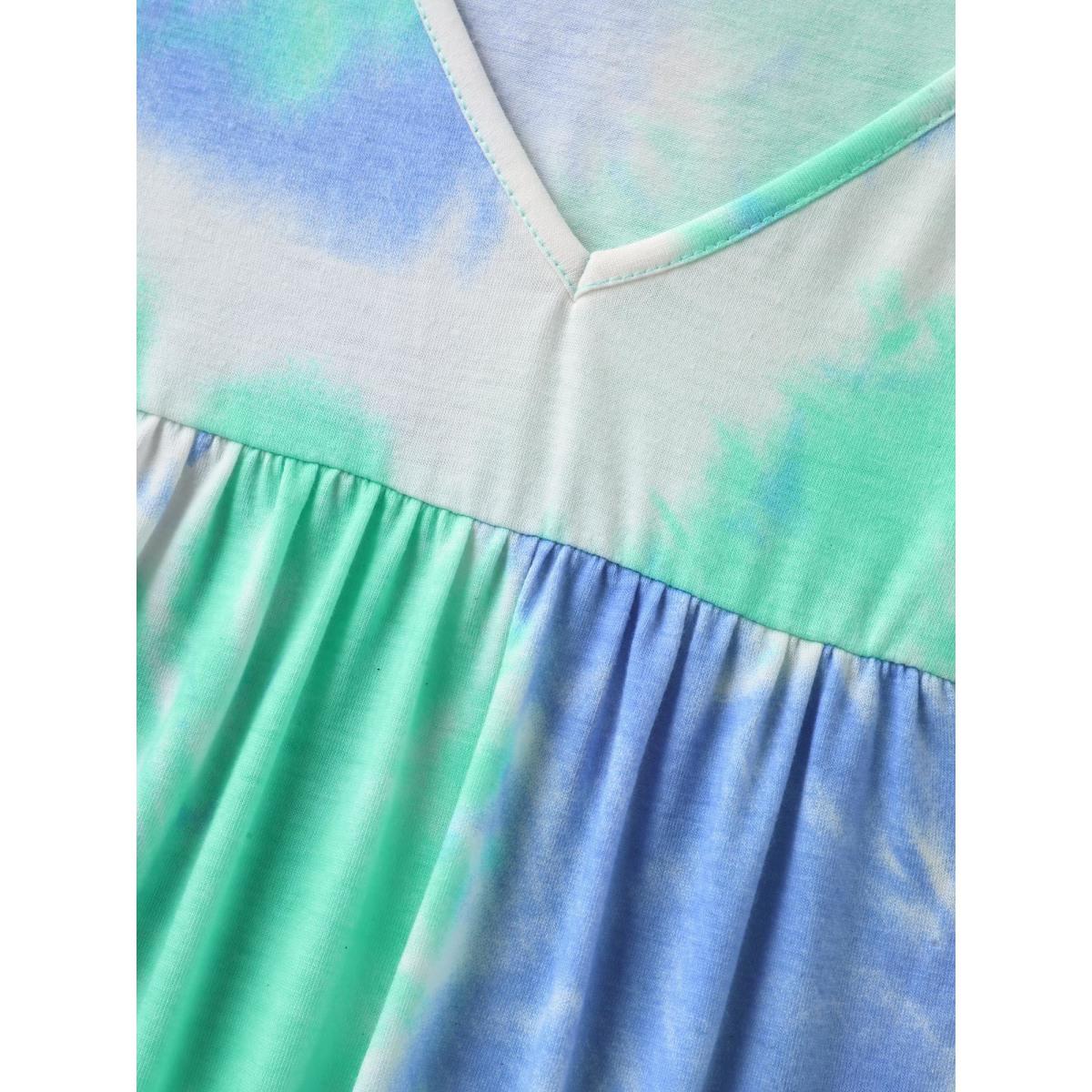Plus Size Tie-Dye Pleated Flowy T-Shirt Multicolor Women Gathered V-neck Everyday-Casual T-shirts BloomChic 22-24/3X Product Image