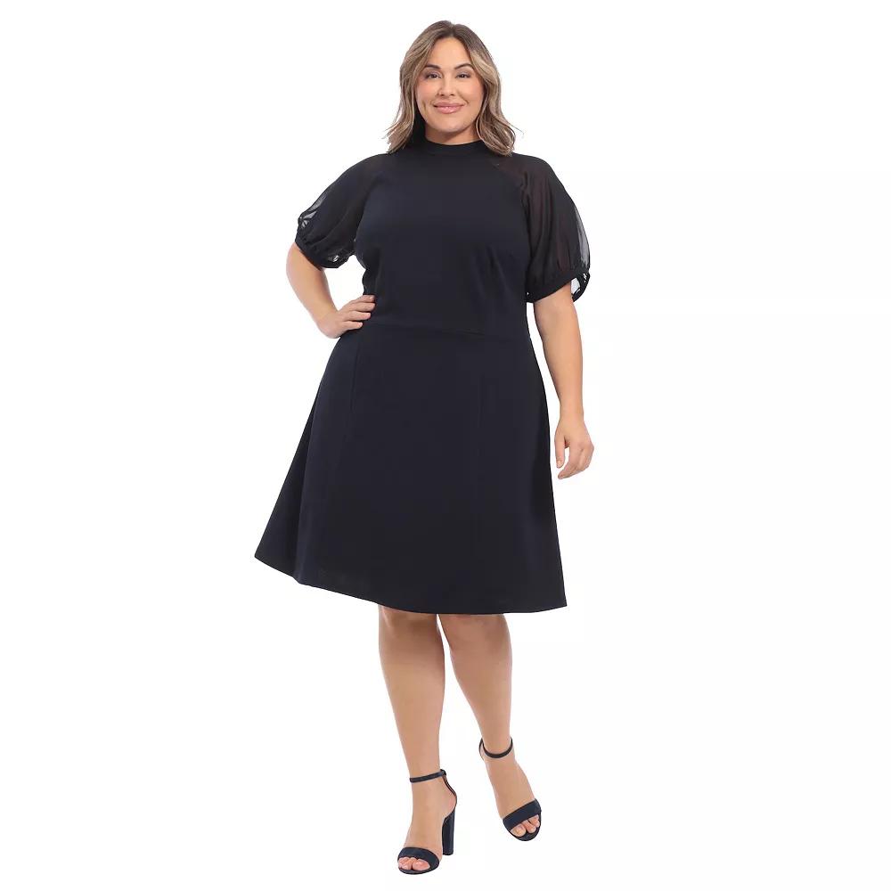 Plus Size London Times Mockneck Sheer Raglan Fit & Flare Dress, Women's, Size: 16 W, Blue Product Image