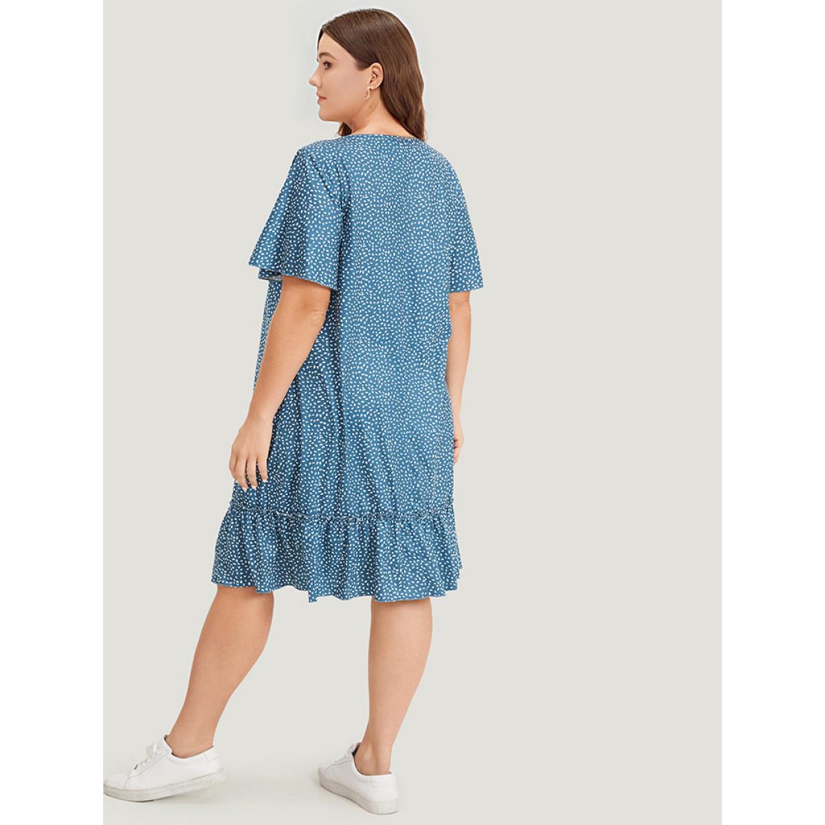 Plus Size Water Drop Print Button Detail Ruffled Dress Stone Women Casual Frill Trim V-neck Short sleeve Curvy Knee Dress BloomChic 14-16/1X Product Image