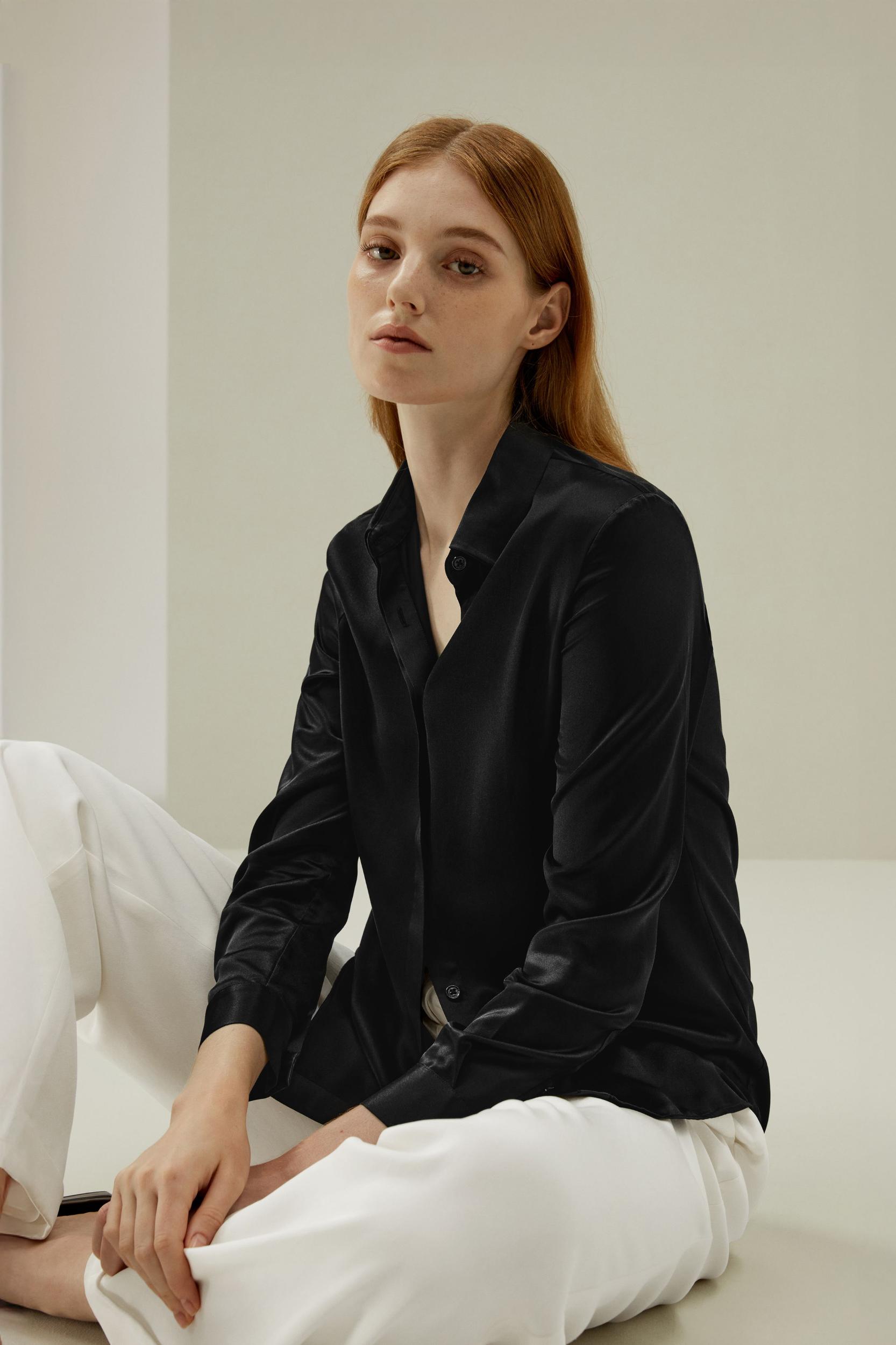 LILYSILK Silk Shirt Women - Dark Gray Mulberry Silk - Non-Toxic Dyes Concealed Mother-Of-Pearl Buttons Blouse Petite M Product Image