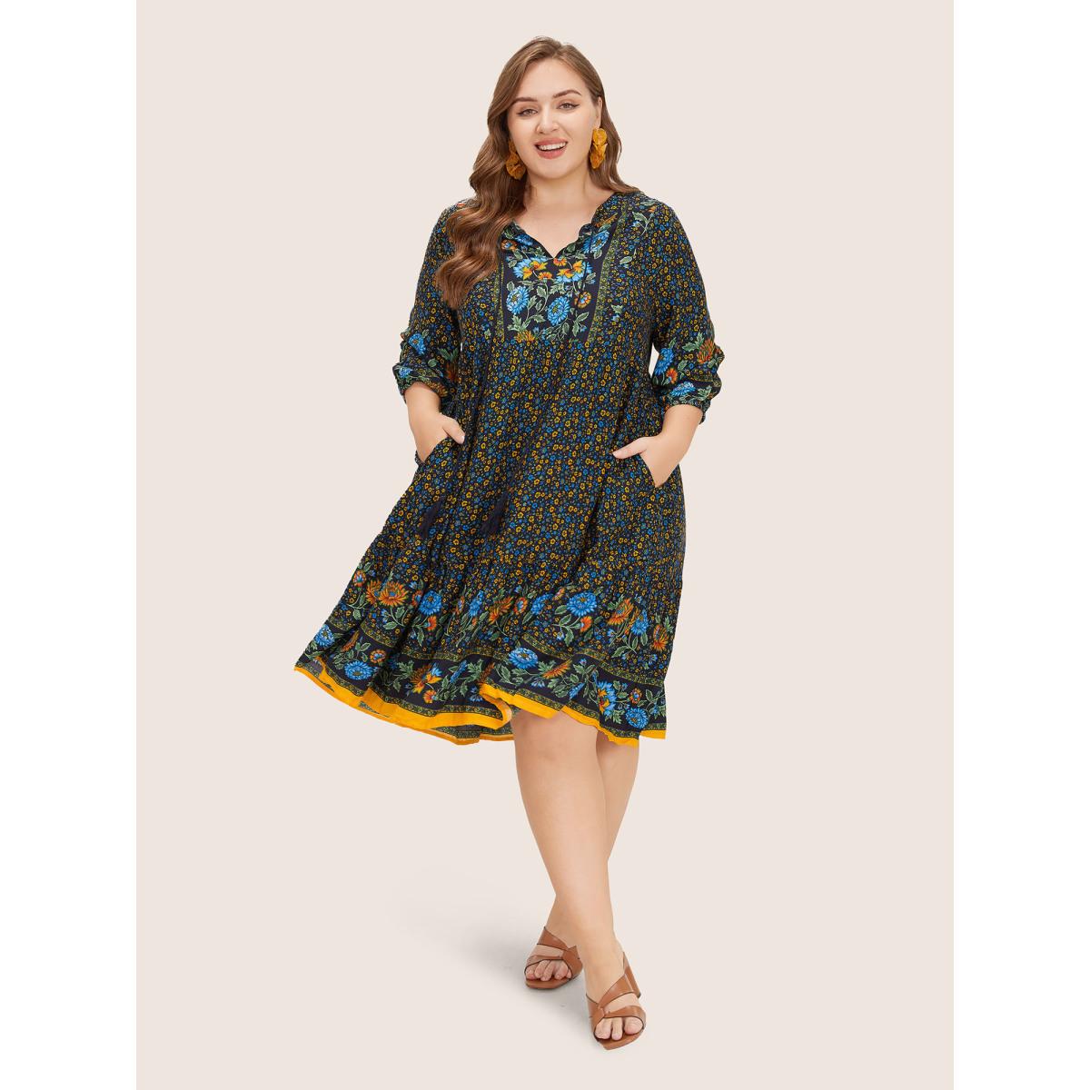 Plus Size Bandana Tassels Lantern Sleeve Ruffle Pocket Keyhole Neck Dress Cerulean Women Resort V-neck Elbow-length sleeve Curvy Midi Dress BloomChic 12/L Product Image