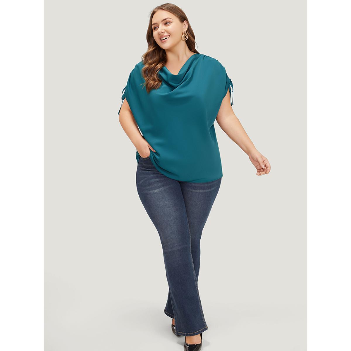 Plus Size Aegean Solid Cowl Neck Drawstring Sleeve Blouse Women Office Short sleeve Cowl Neck Work Blouses BloomChic 26/4X Product Image