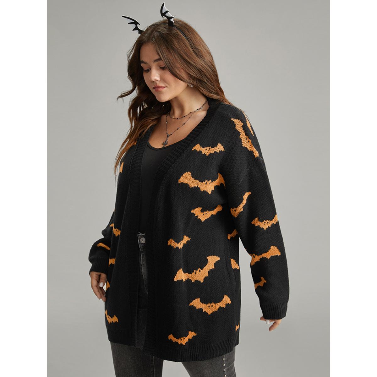 Plus Size Halloween Bat Graphic Open Front Cardigan Black Women Casual Loose Long Sleeve Festival-Halloween Cardigans BloomChic 22-24/3X Product Image