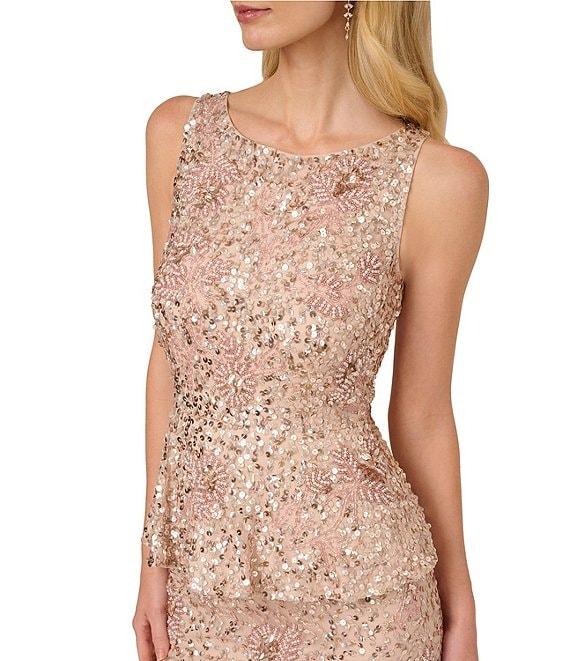 Adrianna Papell Beaded Mesh Boat Neck Sleeveless Peplum Gown Product Image