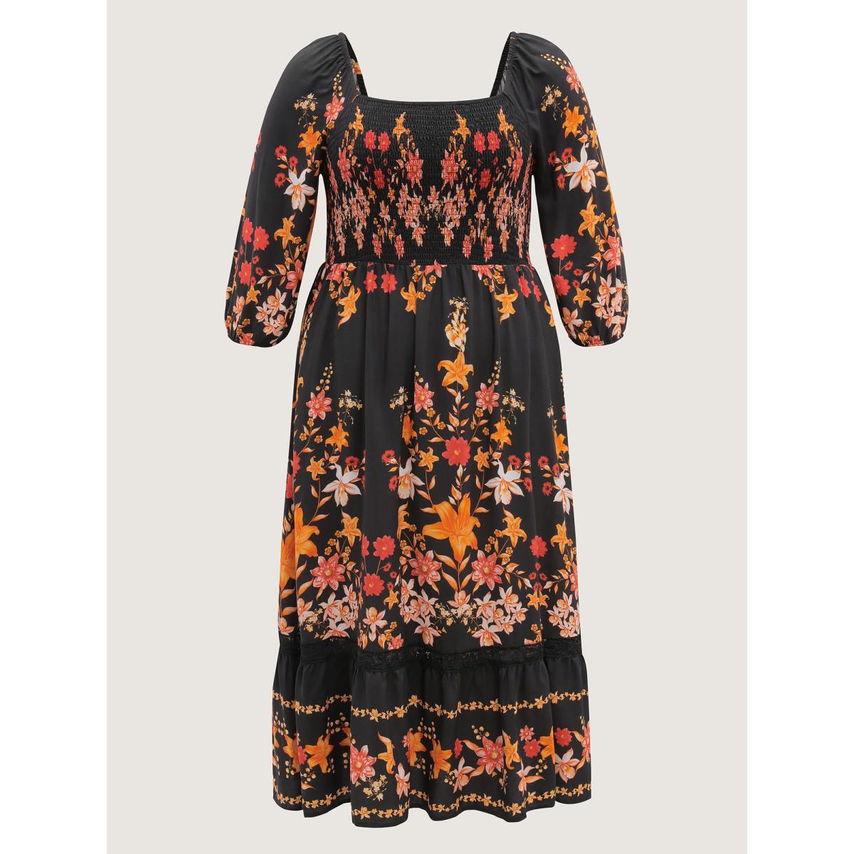 Plus Size Floral Print Lace Trim Shirred Maxi Dress BlackFlower Women Boho Woven ribbon&lace trim Square Neck Elbow-length sleeve Curvy BloomChic 26/4X Product Image