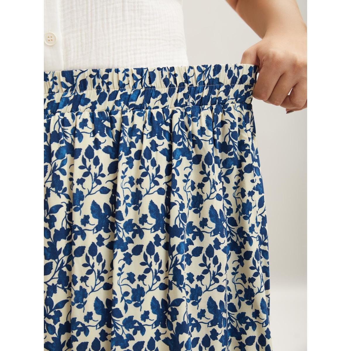 Plus Size Boho Floral Print Shirred Waist Midi Skirt Women Indigo Elegant Shirred Bodycon Low stretch Slanted pocket Everyday Skirts BloomChic 22-24/3X Product Image