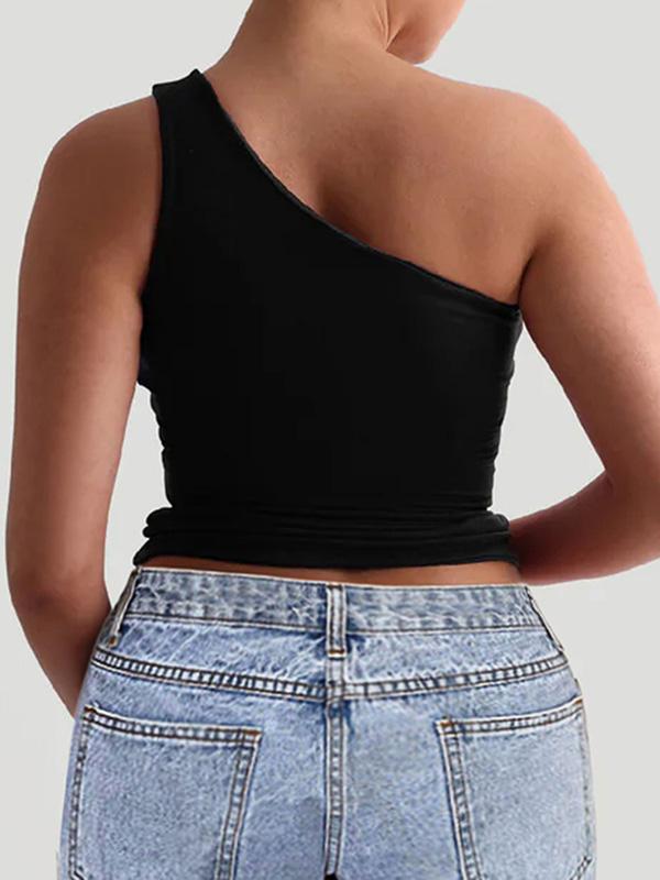 Skinny Sleeveless Solid Color One-Shoulder Vest Top Product Image