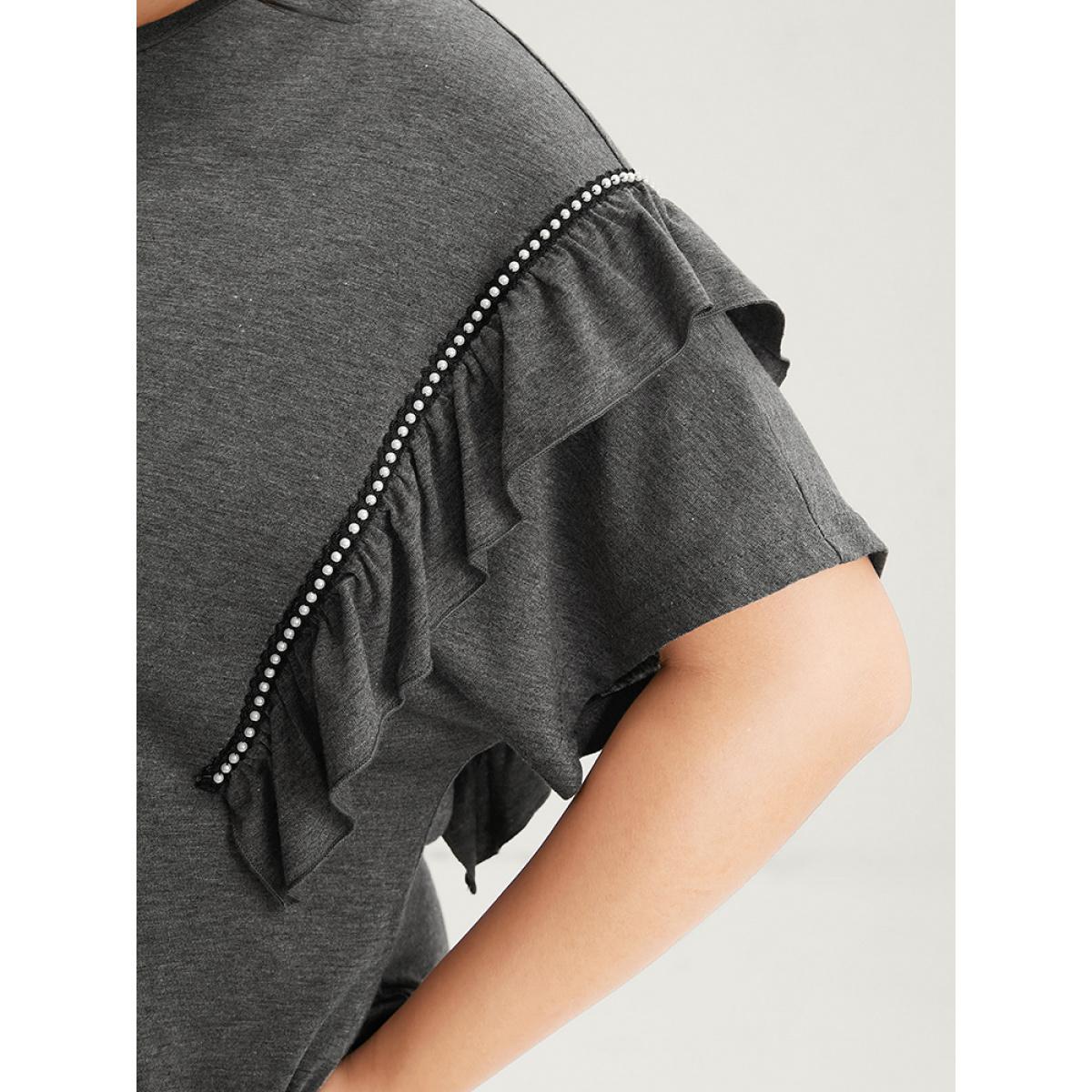 Plus Size Solid Round Neck Pocket Beaded Webbing Ruffle Trim Dress DimGray Women Casual Gathered Round Neck Short sleeve Curvy Midi Dress BloomChic 14-16/1X Product Image