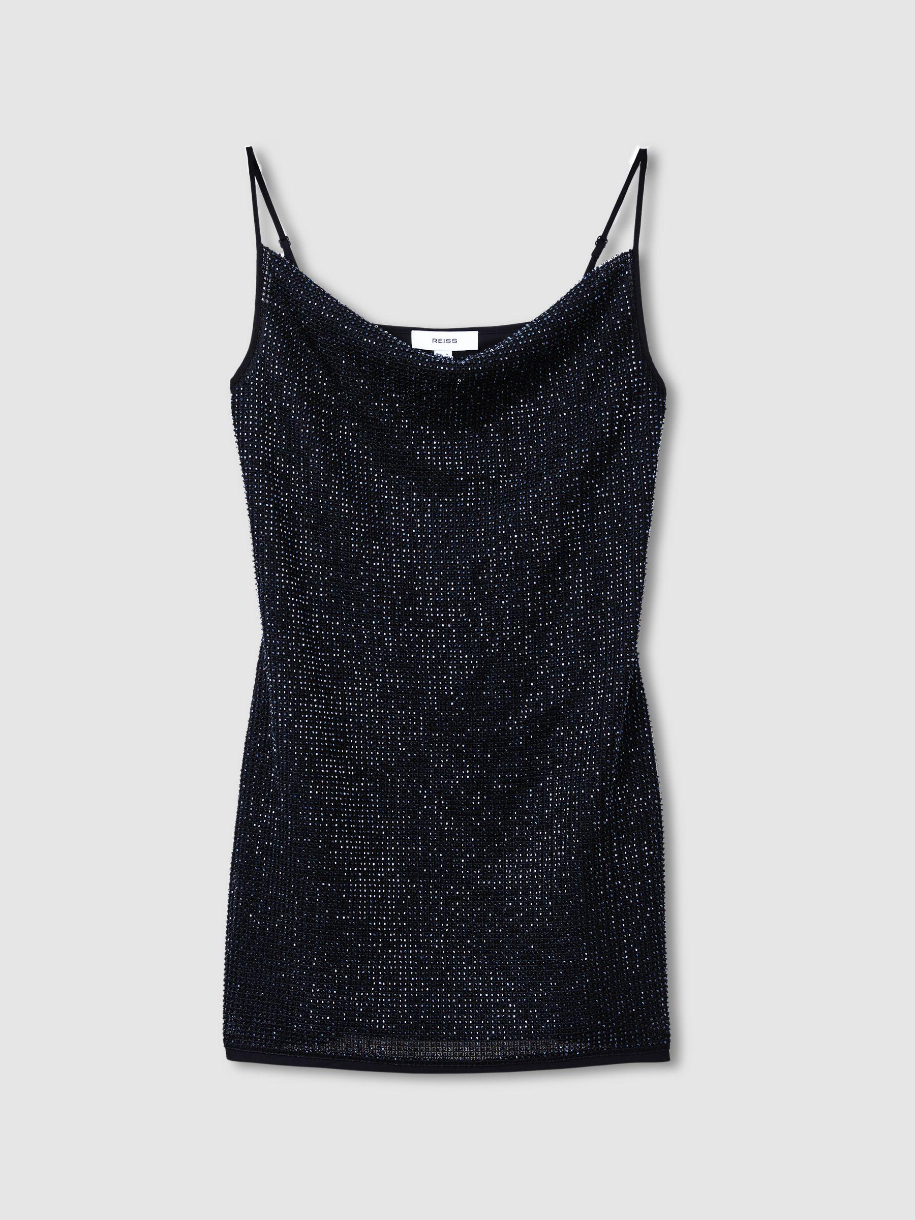 Cowl-Neck Beaded Mini Dress in Dark Blue Product Image